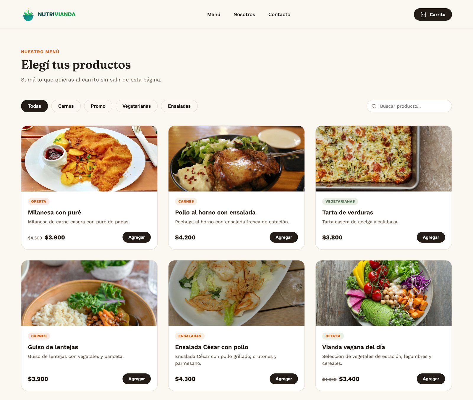 Captura del marketplace de NutriVianda: catálogo de viandas con filtros por categoría